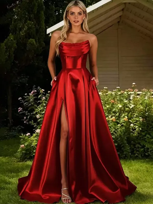 Prom Dress Satin Fabric Designed Neckline A-Line Sleeveless Pleated Party Dresses