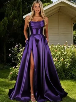Prom Dress Satin Fabric Designed Neckline A-Line Sleeveless Pleated Party Dresses