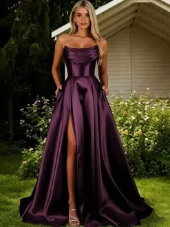 Prom Dress Satin Fabric Designed Neckline A-Line Sleeveless Pleated Party Dresses