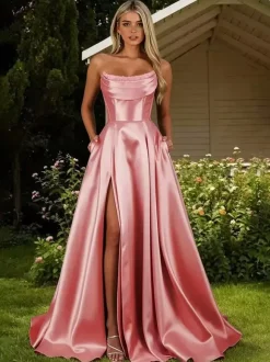 Prom Dress Satin Fabric Designed Neckline A-Line Sleeveless Pleated Party Dresses