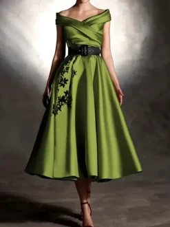 Prom Dress Satin Fabric Designed Neckline Ball Gown Short Sleeves Applique Party Dresses