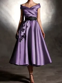 Prom Dress Satin Fabric Designed Neckline Ball Gown Short Sleeves Applique Party Dresses