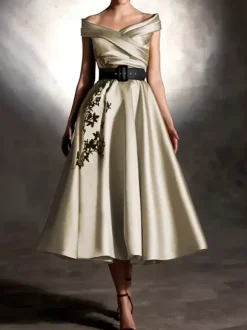 Prom Dress Satin Fabric Designed Neckline Ball Gown Short Sleeves Applique Party Dresses