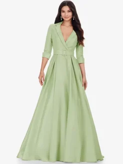 Prom Dress Satin Fabric V-Neck A-Line Half Sleeves Sash Party Dresses