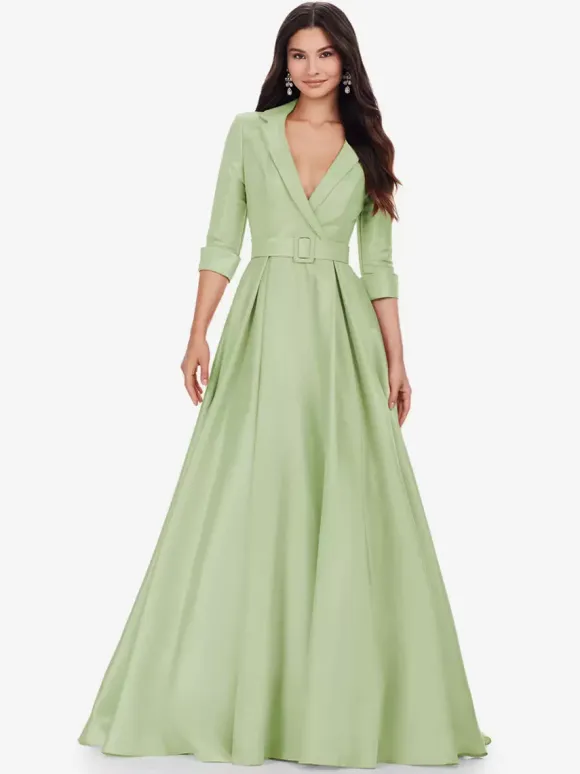 Prom Dress Satin Fabric V-Neck A-Line Half Sleeves Sash Party Dresses