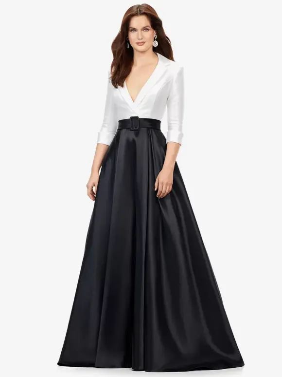 Prom Dress Satin Fabric V-Neck A-Line Half Sleeves Sash Party Dresses