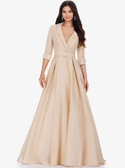 Prom Dress Satin Fabric V-Neck A-Line Half Sleeves Sash Party Dresses