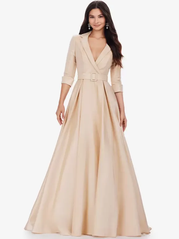 Prom Dress Satin Fabric V-Neck A-Line Half Sleeves Sash Party Dresses