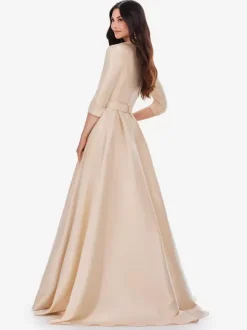Prom Dress Satin Fabric V-Neck A-Line Half Sleeves Sash Party Dresses
