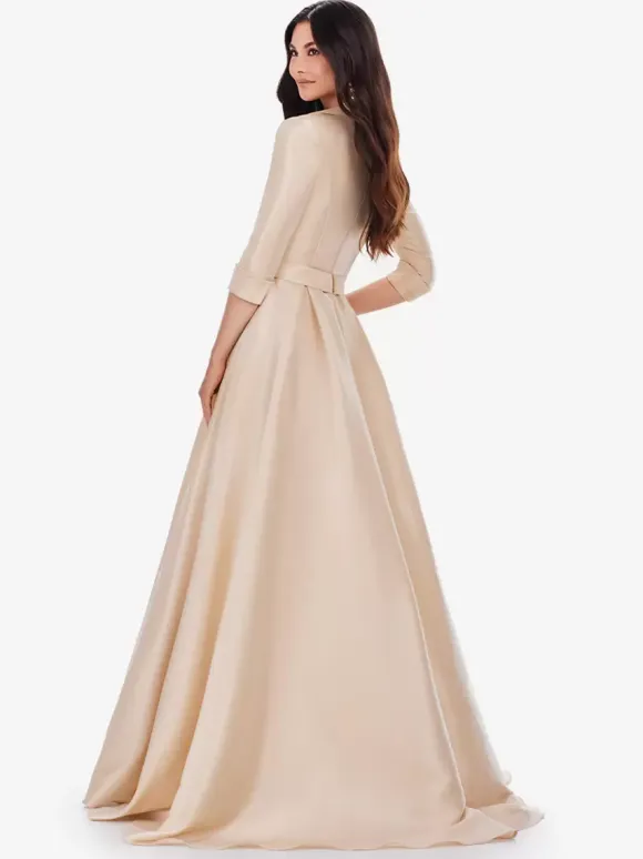 Prom Dress Satin Fabric V-Neck A-Line Half Sleeves Sash Party Dresses