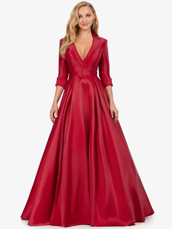 Prom Dress Satin Fabric V-Neck A-Line Half Sleeves Sash Party Dresses