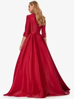 Prom Dress Satin Fabric V-Neck A-Line Half Sleeves Sash Party Dresses