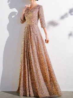Prom Dress Sequined V-Neck A-Line Half Sleeves Party Dresses