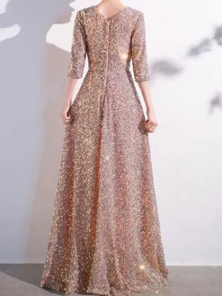Prom Dress Sequined V-Neck A-Line Half Sleeves Party Dresses