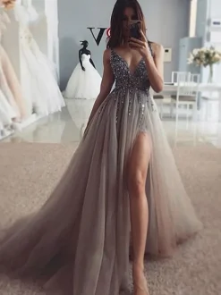 Prom Dress 2026 Sliver A-Line V-Neck Sweep Zipper Applique Sequined Tulle Lace Pageant Dresses Free Customization