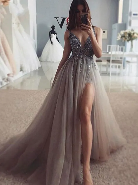 Prom Dress 2026 Sliver A-Line V-Neck Sweep Zipper Applique Sequined Tulle Lace Pageant Dresses Free Customization