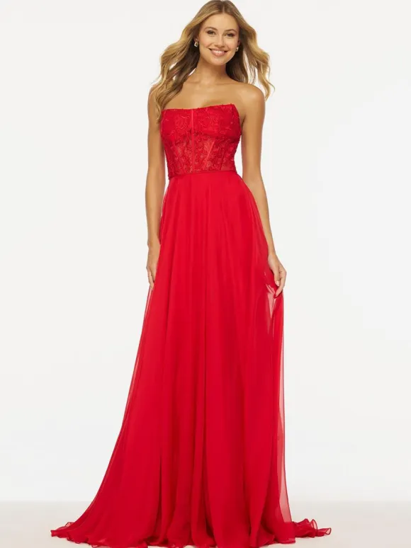 Prom Dress Strapless A-Line Sleeveless Lace Wedding Guest Dresses