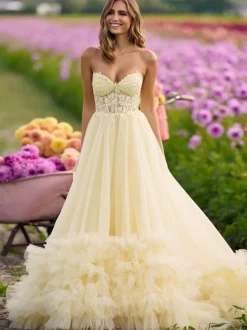 Prom Dress Sweetheart Neck Tulle Sleeveless Lace Party Dresses