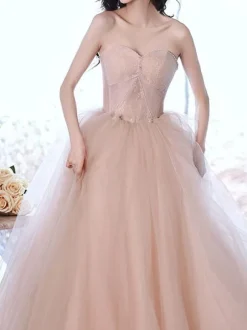 Prom Dress Tulle Strapless A-Line Short Sleeves Wedding Guest Dresses