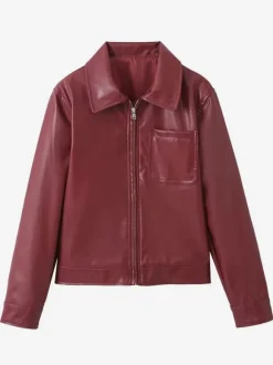 PU Leather Jacket Turndown Collar Long Sleeves Zipper Women's Jacket In Burgundy