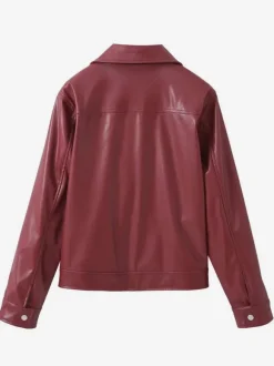 PU Leather Jacket Turndown Collar Long Sleeves Zipper Women's Jacket In Burgundy