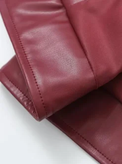PU Leather Jacket Turndown Collar Long Sleeves Zipper Women's Jacket In Burgundy