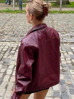 PU Leather Jacket Turndown Collar Long Sleeves Zipper Women's Jacket In Burgundy