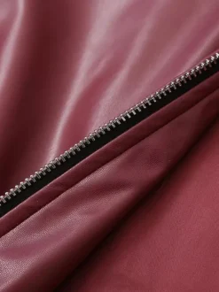 PU Leather Jacket Turndown Collar Long Sleeves Zipper Women's Jacket In Burgundy