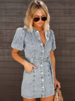 Puff Sleeve Denim Dress For Women - Light Blue Washed Vintage Belted Button Down Mini Dress - Summer Casual Streetwear 2026