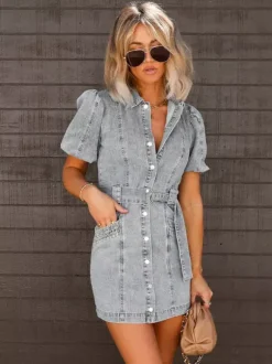 Puff Sleeve Denim Dress For Women - Light Blue Washed Vintage Belted Button Down Mini Dress - Summer Casual Streetwear 2026