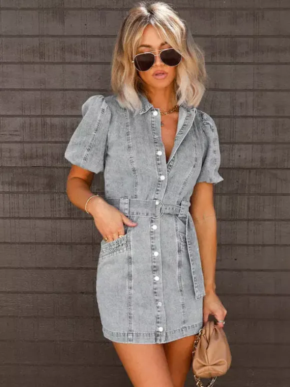 Puff Sleeve Denim Dress For Women - Light Blue Washed Vintage Belted Button Down Mini Dress - Summer Casual Streetwear 2026