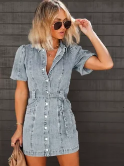 Puff Sleeve Denim Dress For Women - Light Blue Washed Vintage Belted Button Down Mini Dress - Summer Casual Streetwear 2026