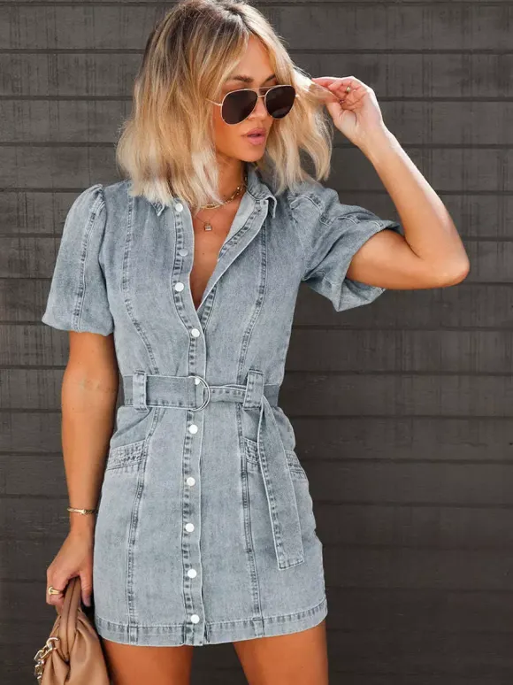 Puff Sleeve Denim Dress For Women - Light Blue Washed Vintage Belted Button Down Mini Dress - Summer Casual Streetwear 2026