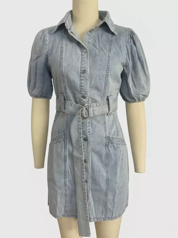 Puff Sleeve Denim Dress For Women - Light Blue Washed Vintage Belted Button Down Mini Dress - Summer Casual Streetwear 2026