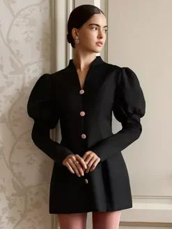 Puff Sleeve Mini Dress For Women Chic Retro Outfit - Black Elegant Stand Collar Slim Fit Bodycon - Spring Desk-to-dinner 2026