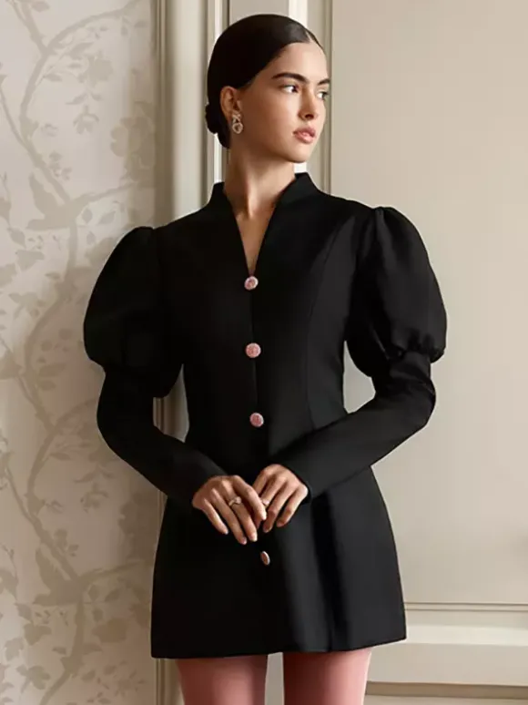 Puff Sleeve Mini Dress For Women Chic Retro Outfit - Black Elegant Stand Collar Slim Fit Bodycon - Spring Desk-to-dinner 2026