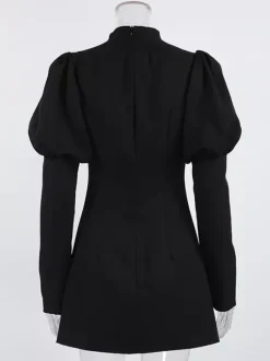 Puff Sleeve Mini Dress For Women Chic Retro Outfit - Black Elegant Stand Collar Slim Fit Bodycon - Spring Desk-to-dinner 2026