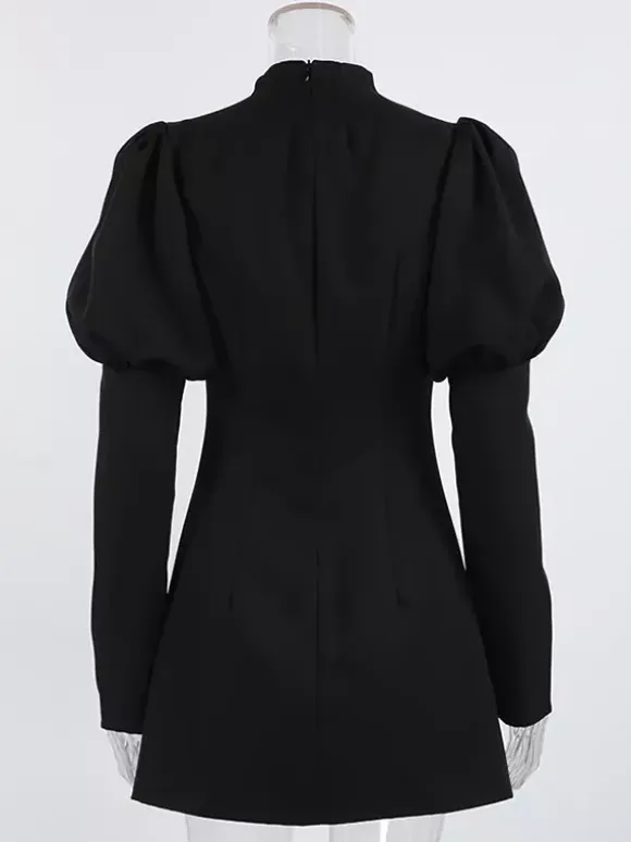 Puff Sleeve Mini Dress For Women Chic Retro Outfit - Black Elegant Stand Collar Slim Fit Bodycon - Spring Desk-to-dinner 2026