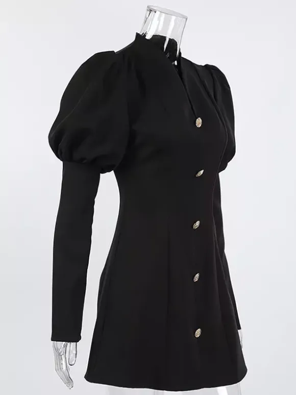 Puff Sleeve Mini Dress For Women Chic Retro Outfit - Black Elegant Stand Collar Slim Fit Bodycon - Spring Desk-to-dinner 2026