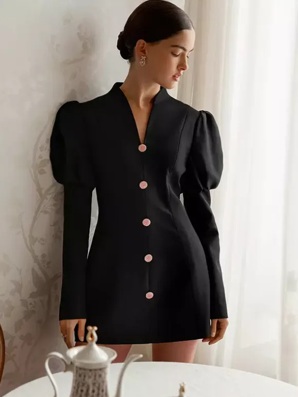 Puff Sleeve Mini Dress For Women Chic Retro Outfit - Black Elegant Stand Collar Slim Fit Bodycon - Spring Desk-to-dinner 2026
