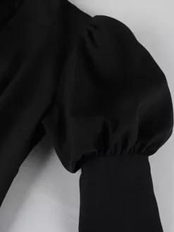 Puff Sleeve Mini Dress For Women Chic Retro Outfit - Black Elegant Stand Collar Slim Fit Bodycon - Spring Desk-to-dinner 2026