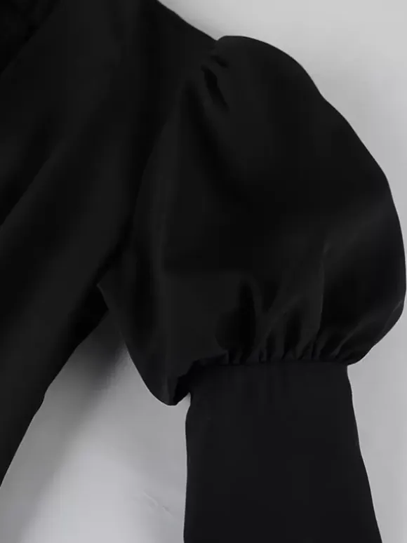 Puff Sleeve Mini Dress For Women Chic Retro Outfit - Black Elegant Stand Collar Slim Fit Bodycon - Spring Desk-to-dinner 2026