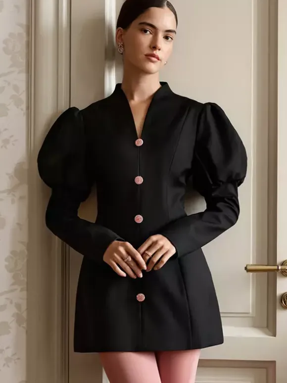 Puff Sleeve Mini Dress For Women Chic Retro Outfit - Black Elegant Stand Collar Slim Fit Bodycon - Spring Desk-to-dinner 2026