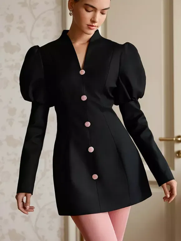 Puff Sleeve Mini Dress For Women Chic Retro Outfit - Black Elegant Stand Collar Slim Fit Bodycon - Spring Desk-to-dinner 2026