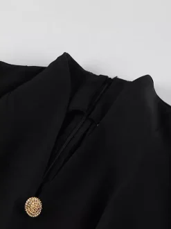 Puff Sleeve Mini Dress For Women Chic Retro Outfit - Black Elegant Stand Collar Slim Fit Bodycon - Spring Desk-to-dinner 2026
