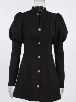 Puff Sleeve Mini Dress For Women Chic Retro Outfit - Black Elegant Stand Collar Slim Fit Bodycon - Spring Desk-to-dinner 2026