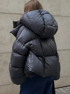 Puffer Coat Hooded Front Button Solid Color Oversized Winter Outerwear