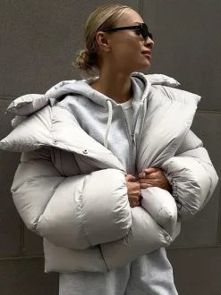 Puffer Coat Hooded Front Button Solid Color Oversized Winter Outerwear