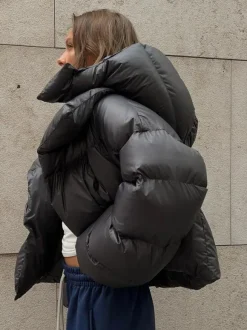 Puffer Coat Hooded Front Button Solid Color Oversized Winter Outerwear