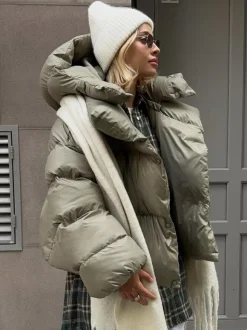 Puffer Coat Hooded Front Button Solid Color Oversized Winter Outerwear
